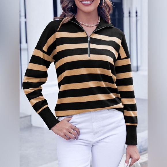 NWOT Women’s Long Sleeve Lightweight Khaki  & Black Striped Half Zip Sweat… - Picture 2 of 8